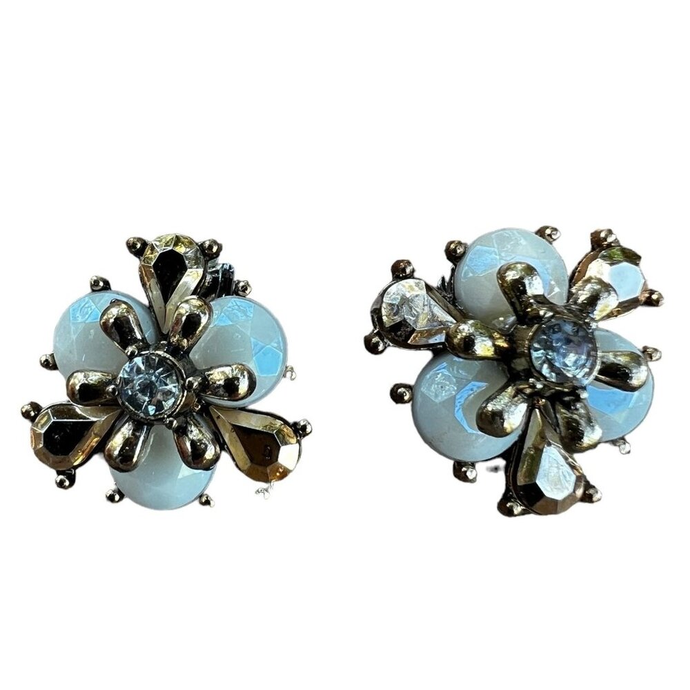 Vintage Gold & White MCM Starburst Clip-On Earrings With Rhinestones